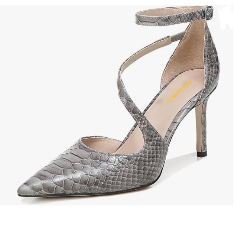 Milooey Grey Snake-skin Pointed Toe Stiletto Heels Sexy Ankle Strap Pumps